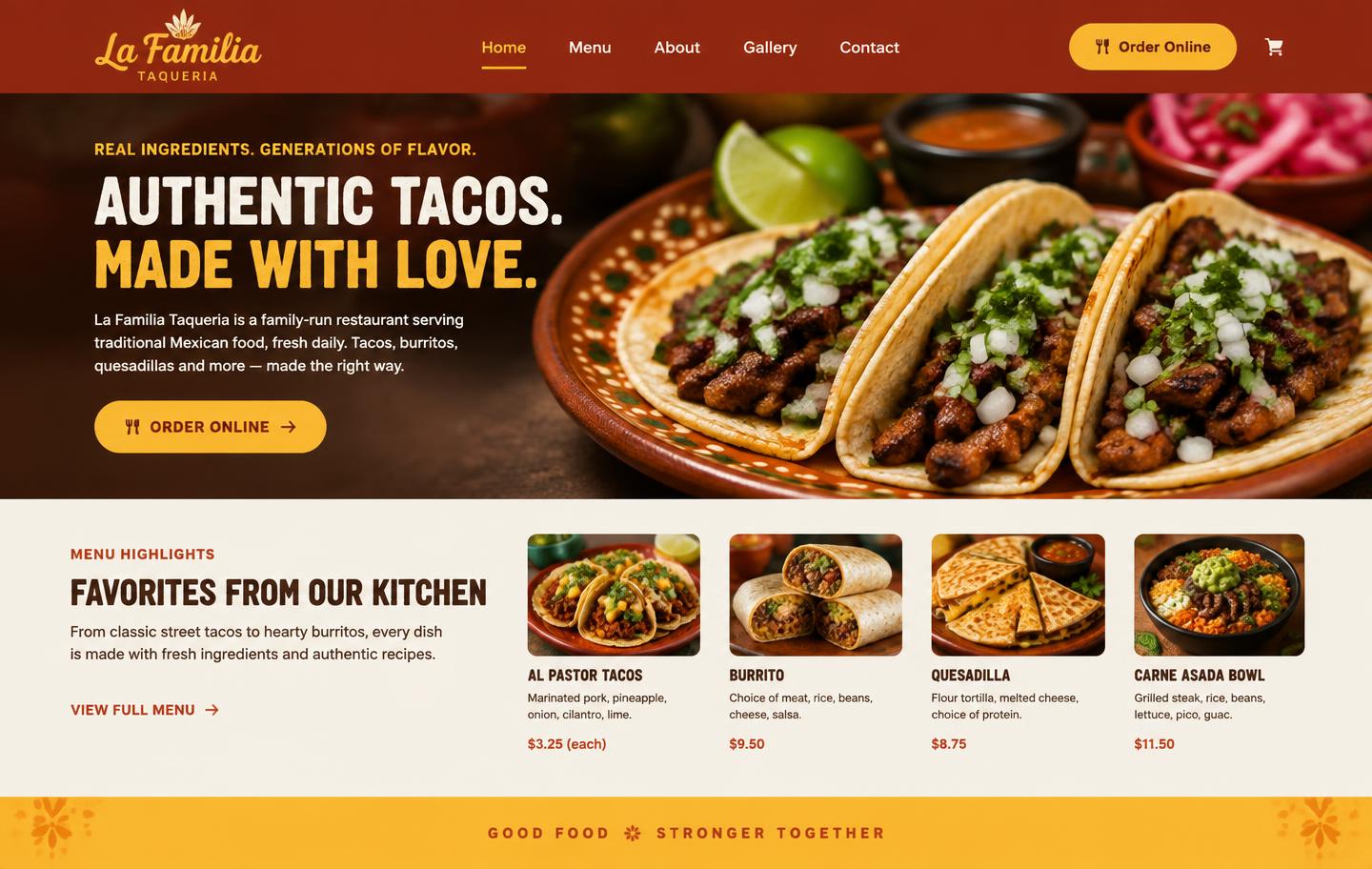 La Familia Taqueria website homepage